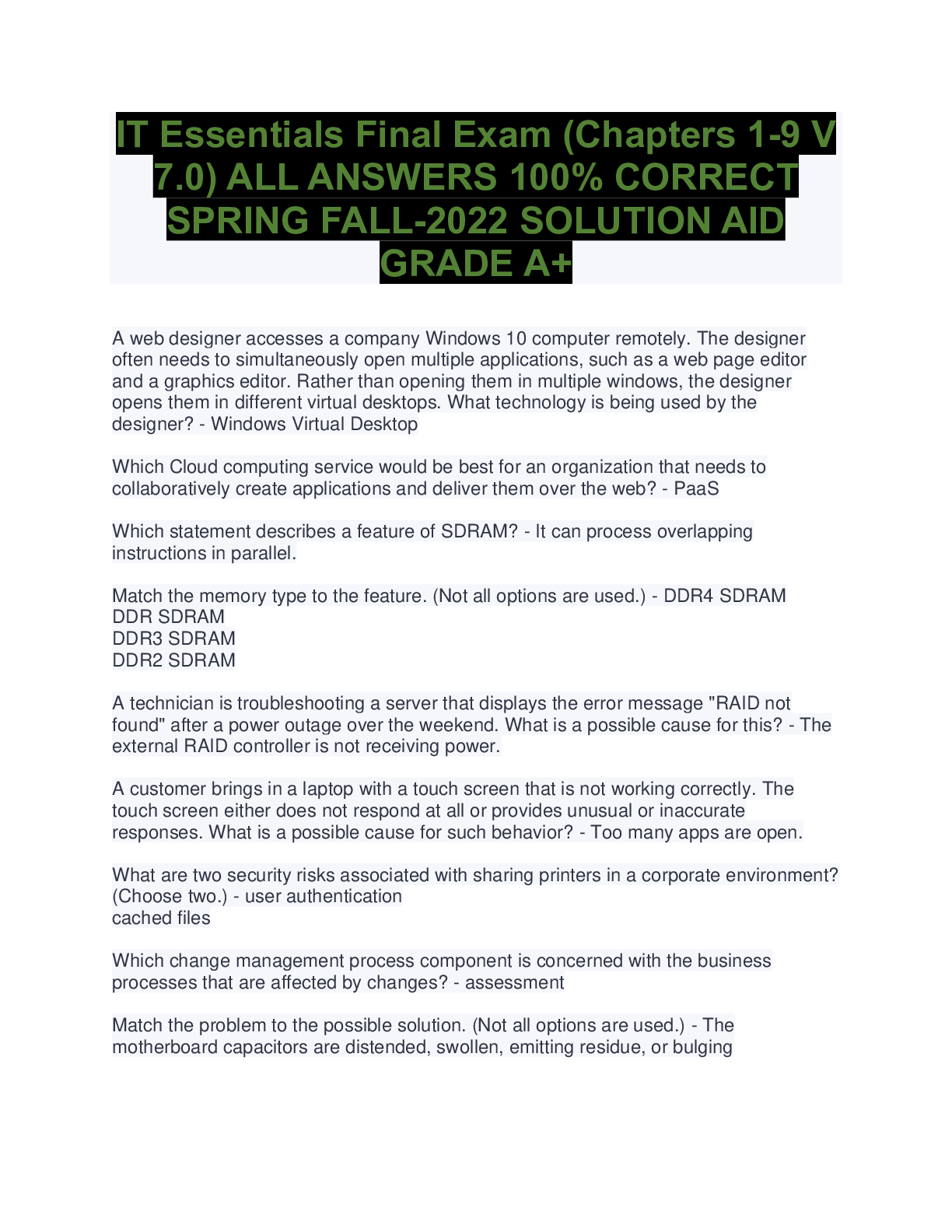 IT Essentials Final Exam (Chapters 19 V 7.0) ALL ANSWERS 100 CORRECT